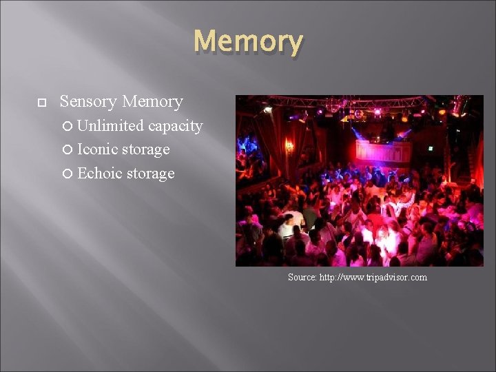 Memory Sensory Memory Unlimited capacity Iconic storage Echoic storage Source: http: //www. tripadvisor. com
