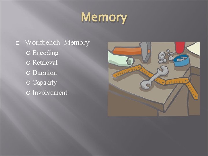 Memory Workbench Memory Encoding Retrieval Duration Capacity Involvement 