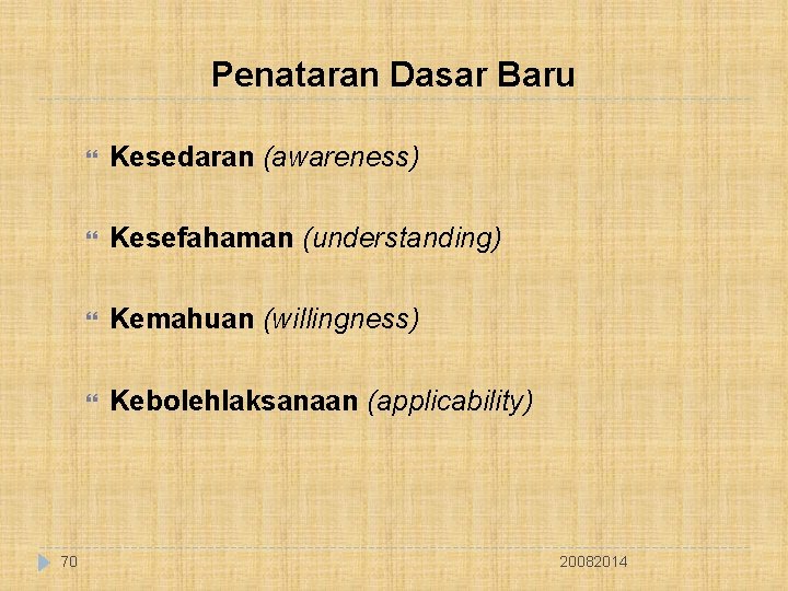 Penataran Dasar Baru 70 Kesedaran (awareness) Kesefahaman (understanding) Kemahuan (willingness) Kebolehlaksanaan (applicability) 20082014 