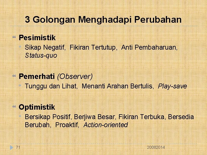 3 Golongan Menghadapi Perubahan Pesimistik Pemerhati (Observer) Sikap Negatif, Fikiran Tertutup, Anti Pembaharuan, Status-quo