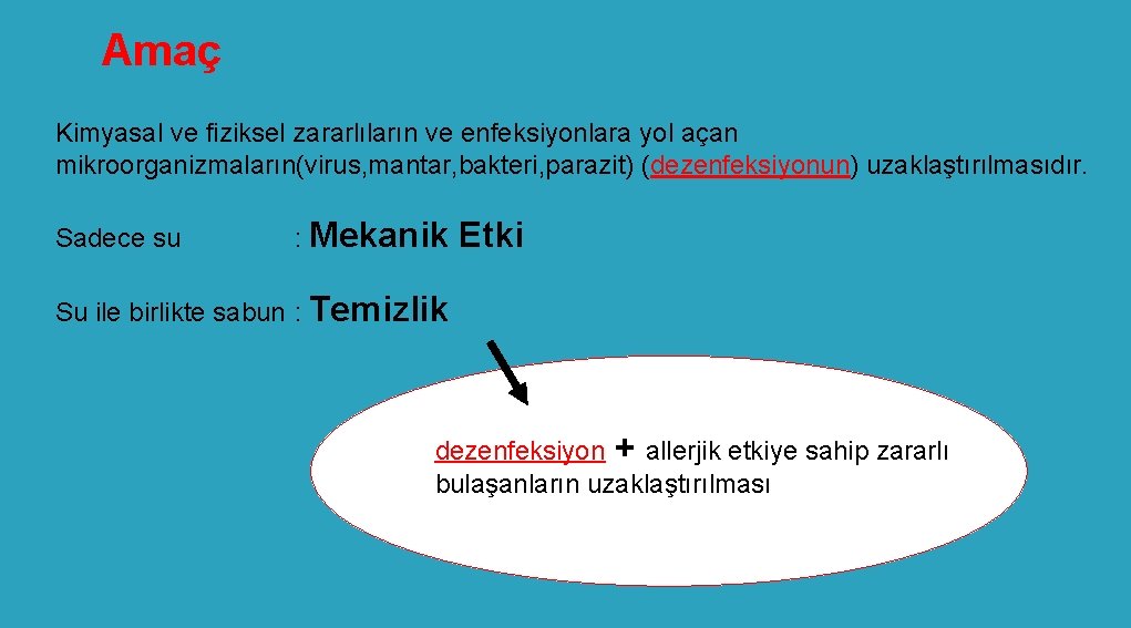 Amaç Kimyasal ve fiziksel zararlıların ve enfeksiyonlara yol açan mikroorganizmaların(virus, mantar, bakteri, parazit) (dezenfeksiyonun)