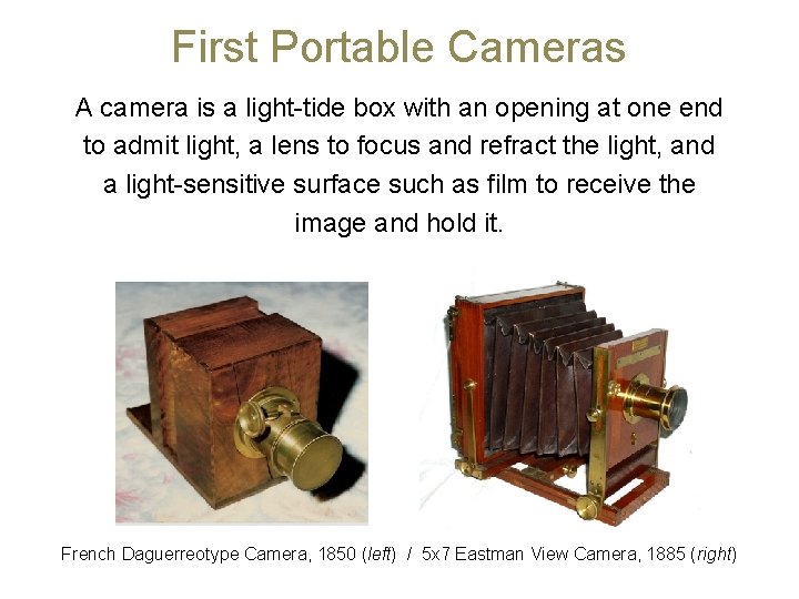 First Portable Cameras A camera is a light-tide box with an opening at one