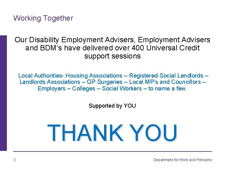 Working Together Our Disability Employment Advisers, Employment Advisers and BDM’s have delivered over 400