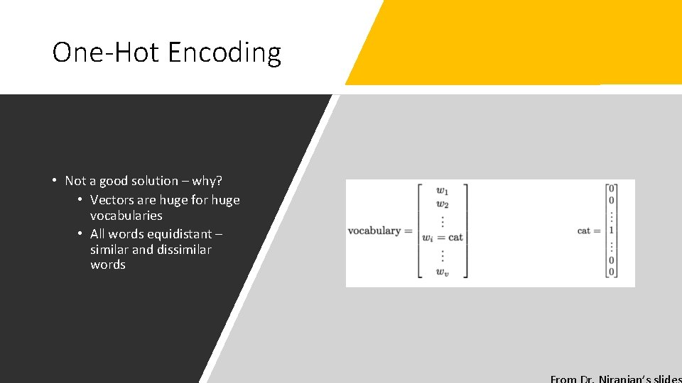 One-Hot Encoding • Not a good solution – why? • Vectors are huge for