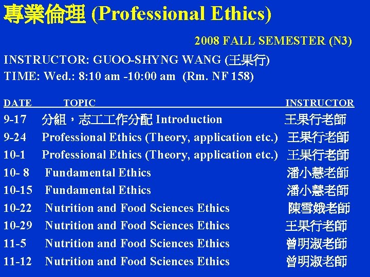 專業倫理 (Professional Ethics) 2008 FALL SEMESTER (N 3) INSTRUCTOR: GUOO-SHYNG WANG (王果行) TIME: Wed.