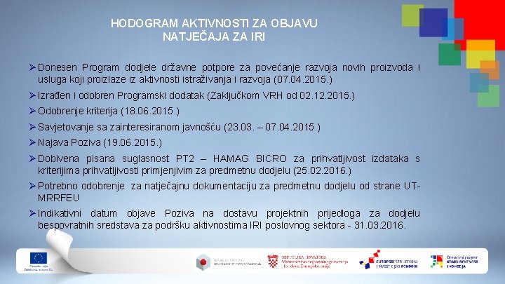 HODOGRAM AKTIVNOSTI ZA OBJAVU NATJEČAJA ZA IRI Ø Donesen Program dodjele državne potpore za