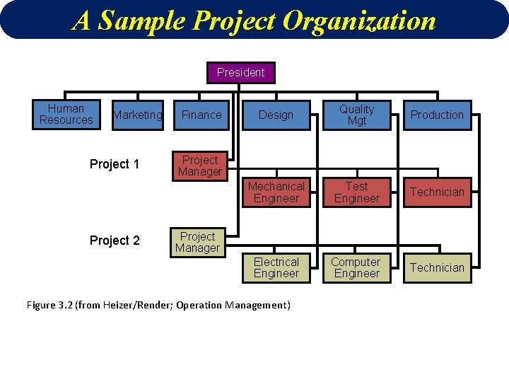 A Sample Project Organization President Human Resources Marketing Project 1 Project 2 Finance Design
