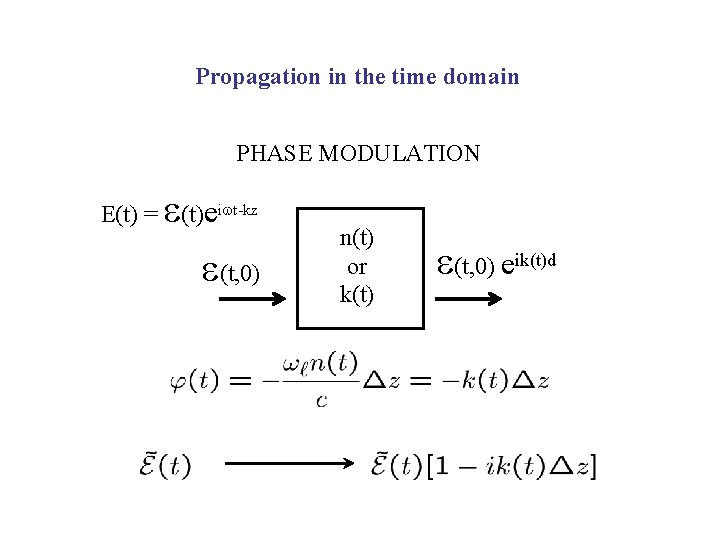 Propagation in the time domain PHASE MODULATION e E(t) = (t)eiwt-kz e(t, 0) n(t)