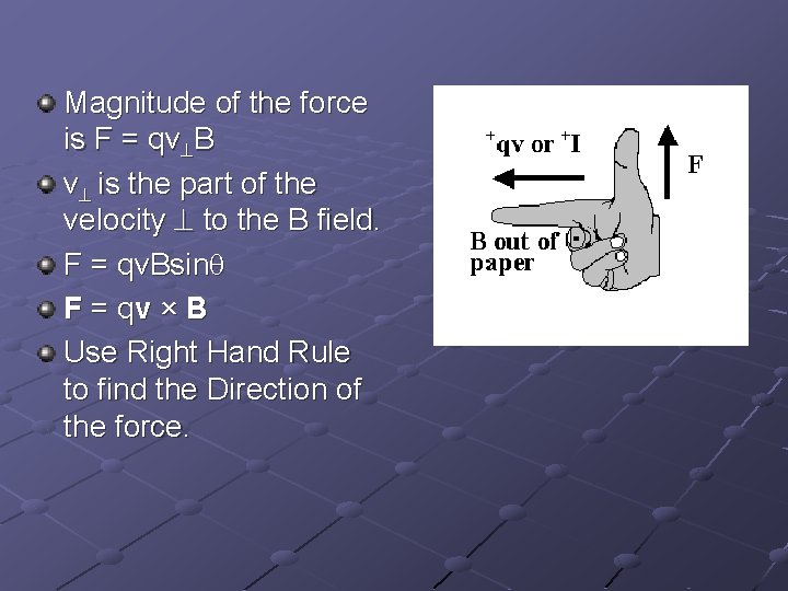 Magnitude of the force is F = qv B v is the part of