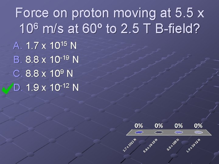 Force on proton moving at 5. 5 x 106 m/s at 60º to 2.