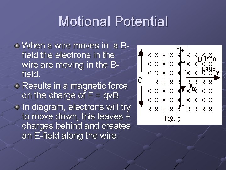 Motional Potential When a wire moves in a Bfield the electrons in the wire