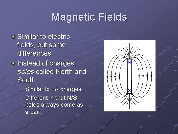 Magnetic Fields Similar to electric fields, but some differences. Instead of charges, poles called