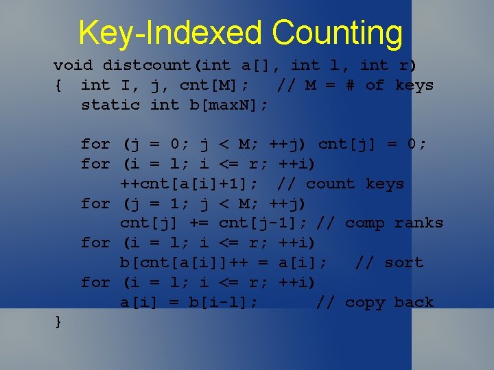 Key-Indexed Counting void distcount(int a[], int l, int r) { int I, j, cnt[M];