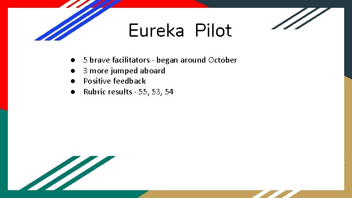 Eureka Pilot ● ● 5 brave facilitators - began around October 3 more jumped
