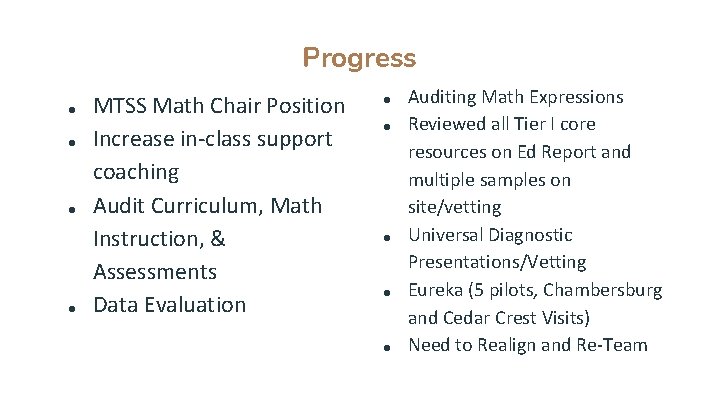 Progress ● ● MTSS Math Chair Position Increase in-class support coaching Audit Curriculum, Math