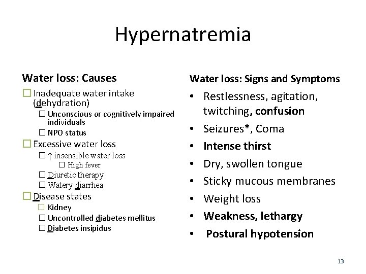 Hypernatremia Water loss: Causes Water loss: Signs and Symptoms � Inadequate water intake (dehydration)
