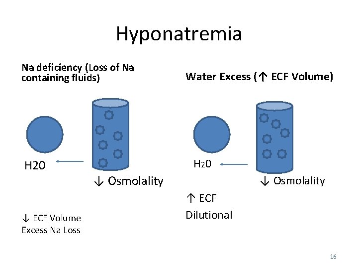 Hyponatremia Na deficiency (Loss of Na containing fluids) H 20 ↓ ECF Volume Excess