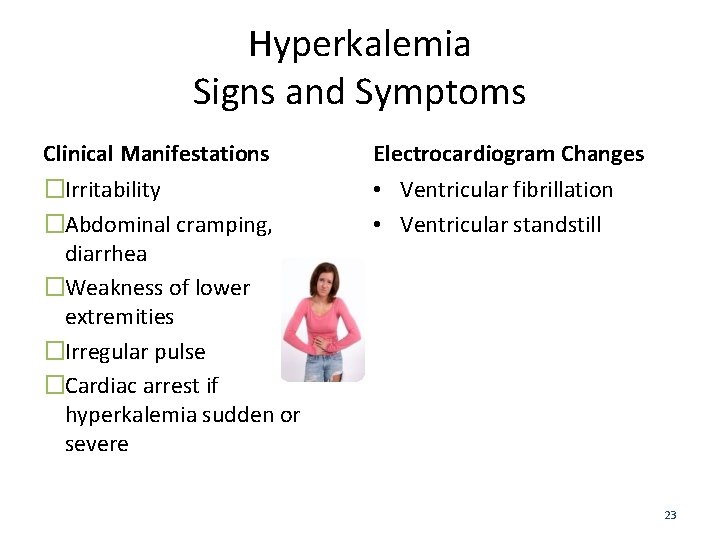 Hyperkalemia Signs and Symptoms Clinical Manifestations Electrocardiogram Changes �Irritability �Abdominal cramping, diarrhea �Weakness of