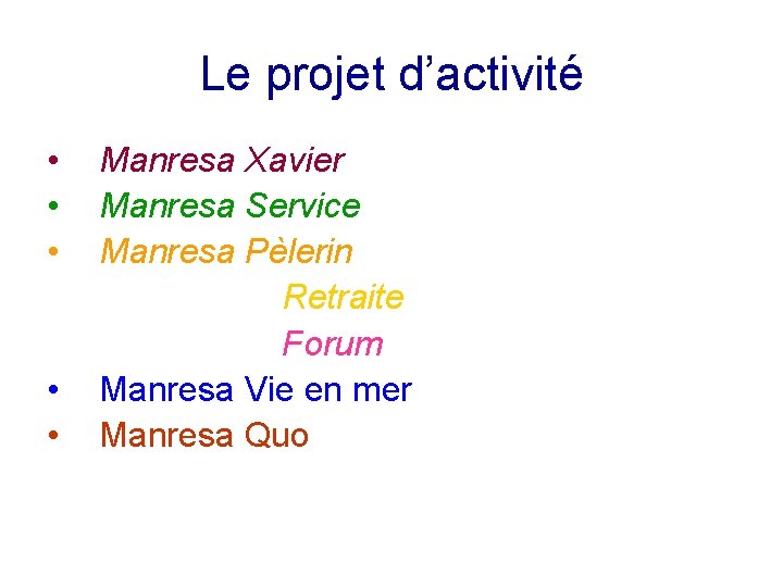 Le projet d’activité • • • Manresa Xavier Manresa Service Manresa Pèlerin Retraite Forum