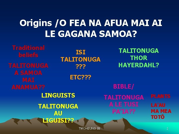 Origins /O FEA NA AFUA MAI AI LE GAGANA SAMOA? Traditional beliefs ISI TALITONUGA