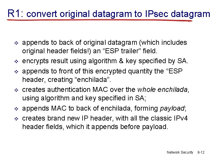 R 1: convert original datagram to IPsec datagram v v v appends to back