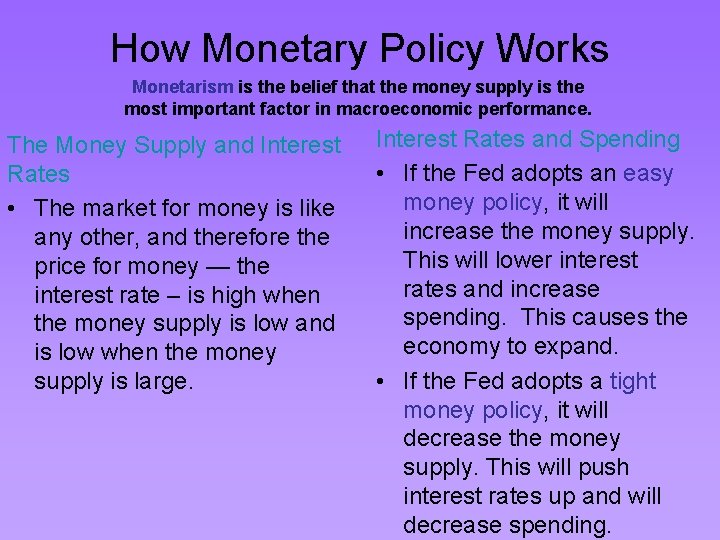 How Monetary Policy Works Monetarism is the belief that the money supply is the