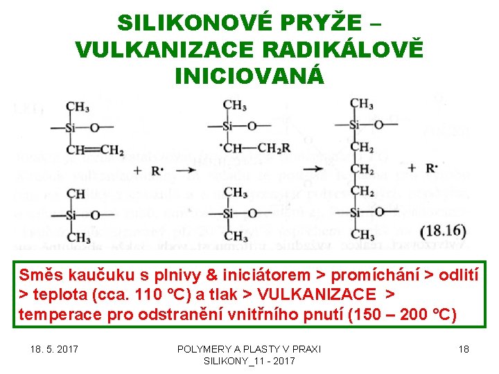 SILIKONOVÉ PRYŽE – VULKANIZACE RADIKÁLOVĚ INICIOVANÁ Směs kaučuku s plnivy & iniciátorem > promíchání