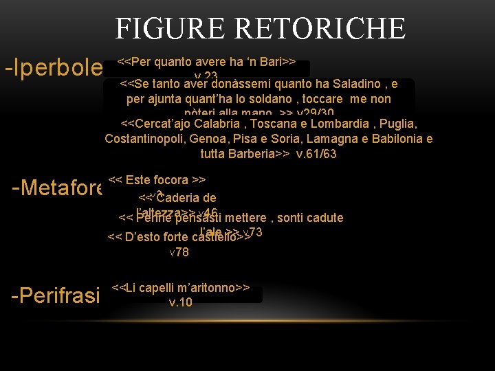 FIGURE RETORICHE -Iperbole: <<Per quanto avere ha ‘n Bari>> v. 23 <<Se tanto aver