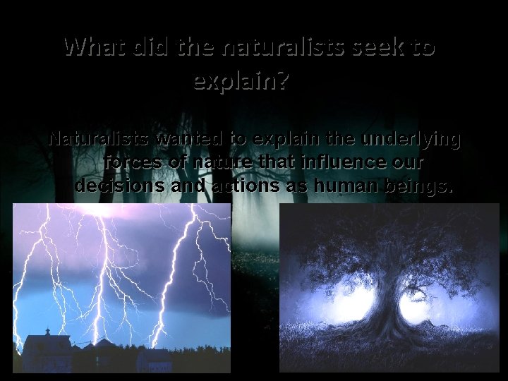 What did the naturalists seek to explain? Naturalists wanted to explain the underlying forces