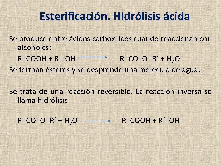 Esterificación. Hidrólisis ácida Se produce entre ácidos carboxílicos cuando reaccionan con alcoholes: R–COOH + Esterificación. Hidrólisis ácida Se produce entre ácidos carboxílicos cuando reaccionan con alcoholes: R–COOH +