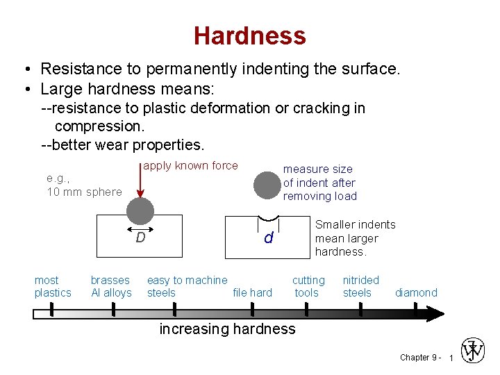 Hardness • Resistance to permanently indenting the surface. • Large hardness means: --resistance to