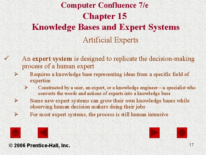 Computer Confluence 7/e Chapter 15 Knowledge Bases and Expert Systems Artificial Experts ü An