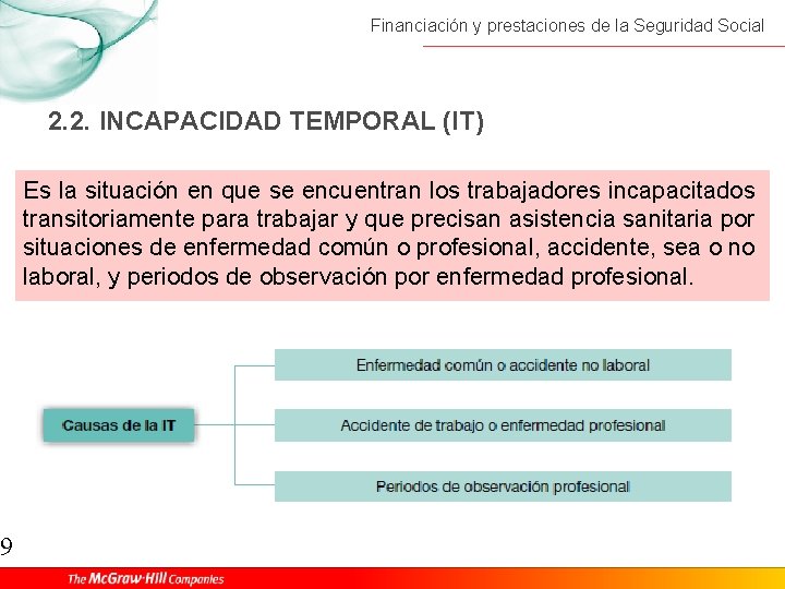 9 Financiación y prestaciones de la Seguridad Social 2. 2. INCAPACIDAD TEMPORAL (IT) Es