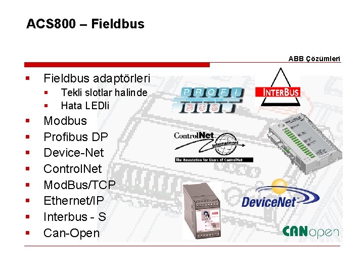 ACS 800 – Fieldbus ABB Çözümleri § Fieldbus adaptörleri § § § § §