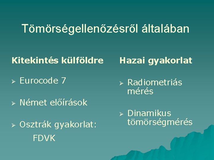 Tömörségellenőzésről általában Kitekintés külföldre Ø Eurocode 7 Ø Német előírások Hazai gyakorlat Ø Ø