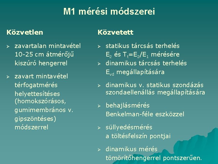 M 1 mérési módszerei Közvetlen Ø Ø zavartalan mintavétel 10 -25 cm átmérőjű kiszúró