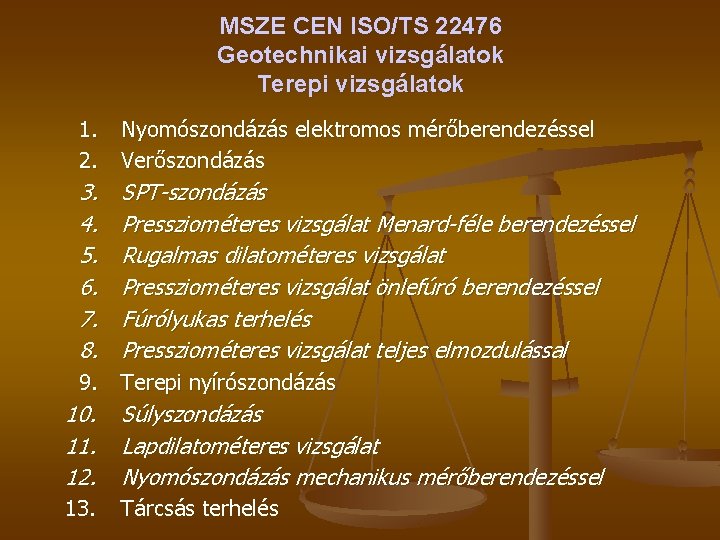MSZE CEN ISO/TS 22476 Geotechnikai vizsgálatok Terepi vizsgálatok 1. 2. Nyomószondázás elektromos mérőberendezéssel Verőszondázás