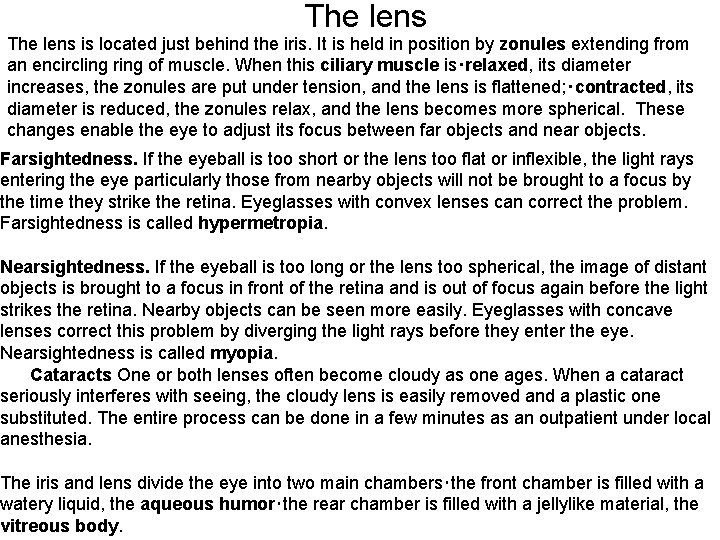 The lens is located just behind the iris. It is held in position by