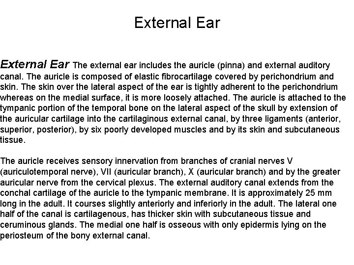 External Ear The external ear includes the auricle (pinna) and external auditory canal. The External Ear The external ear includes the auricle (pinna) and external auditory canal. The