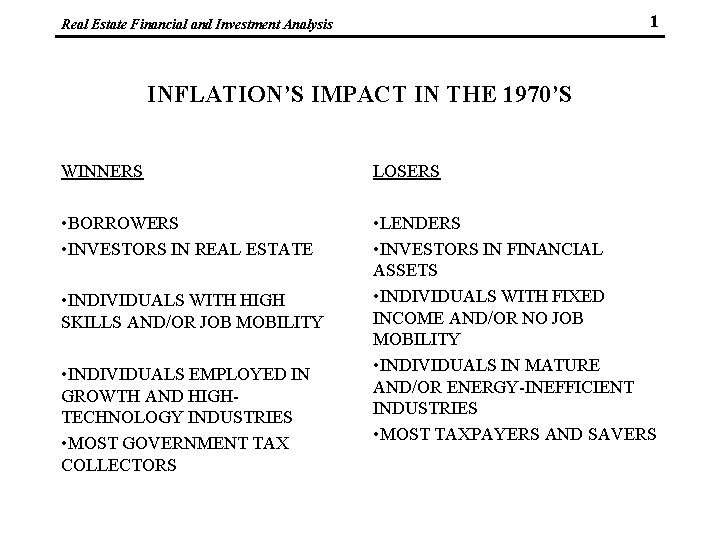 1 Real Estate Financial and Investment Analysis INFLATION’S IMPACT IN THE 1970’S WINNERS LOSERS