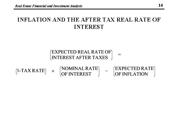 Real Estate Financial and Investment Analysis 14 INFLATION AND THE AFTER TAX REAL RATE