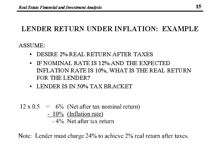 Real Estate Financial and Investment Analysis 15 LENDER RETURN UNDER INFLATION: EXAMPLE ASSUME: •