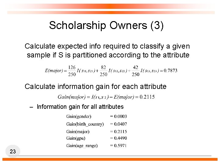 Scholarship Owners (3) Calculate expected info required to classify a given sample if S