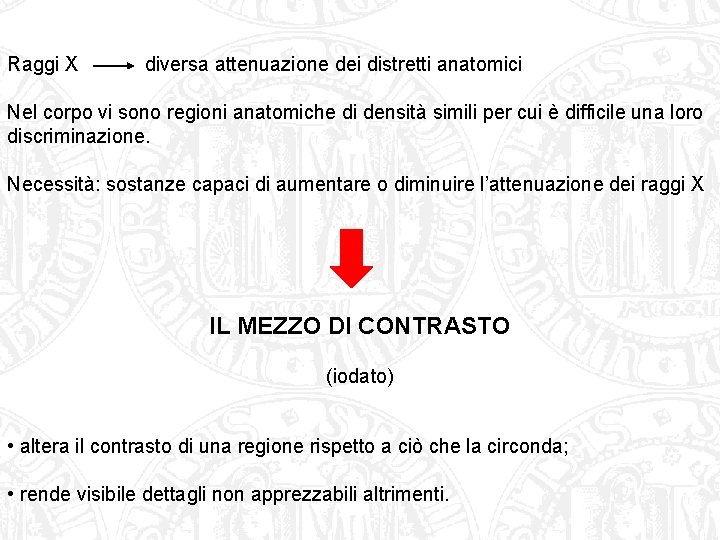 Raggi X diversa attenuazione dei distretti anatomici Nel corpo vi sono regioni anatomiche di