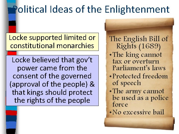 Political Ideas of the Enlightenment Locke supported limited or constitutional monarchies Locke believed that