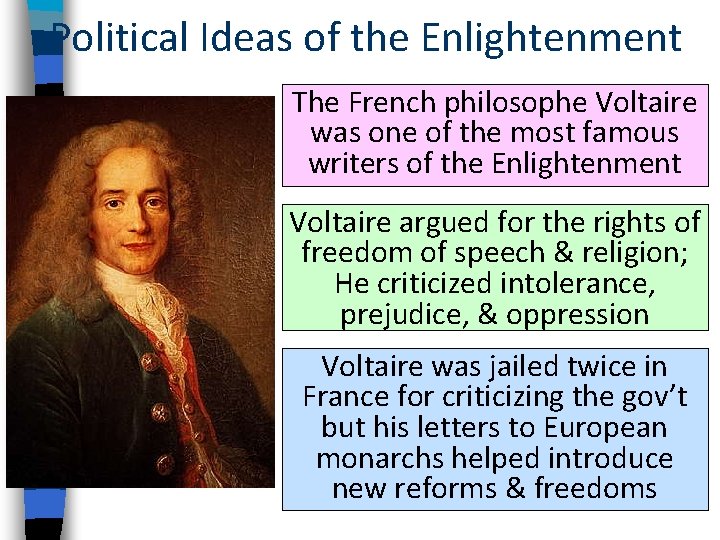 Political Ideas of the Enlightenment The French philosophe Voltaire was one of the most