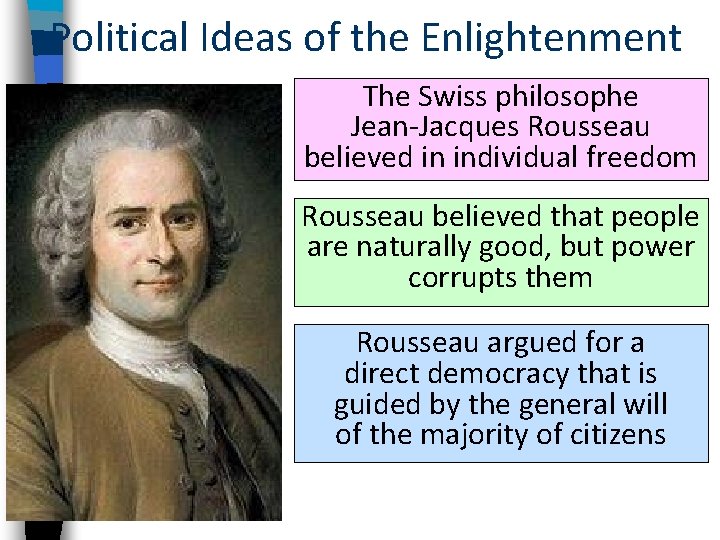 Political Ideas of the Enlightenment The Swiss philosophe Jean-Jacques Rousseau believed in individual freedom