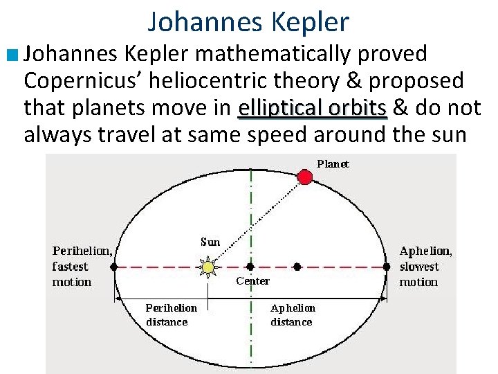 Johannes Kepler ■ Johannes Kepler mathematically proved Copernicus’ heliocentric theory & proposed that planets