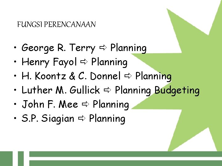 FUNGSI PERENCANAAN • • • George R. Terry Planning Henry Fayol Planning H. Koontz