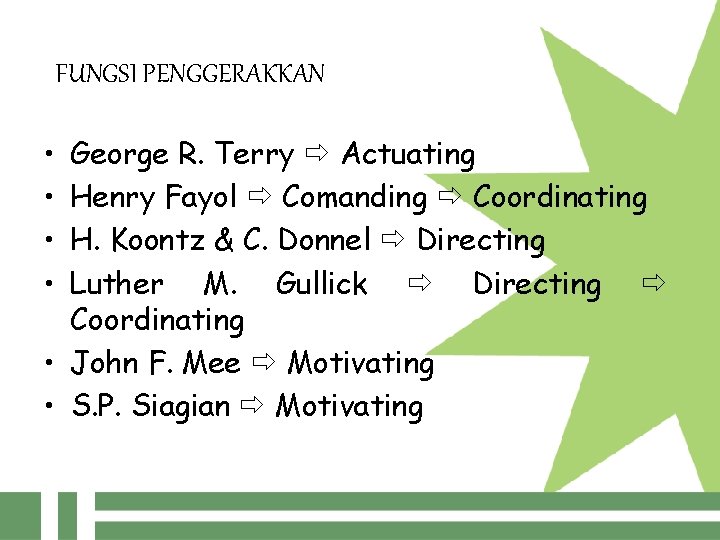 FUNGSI PENGGERAKKAN • • George R. Terry Actuating Henry Fayol Comanding Coordinating H. Koontz